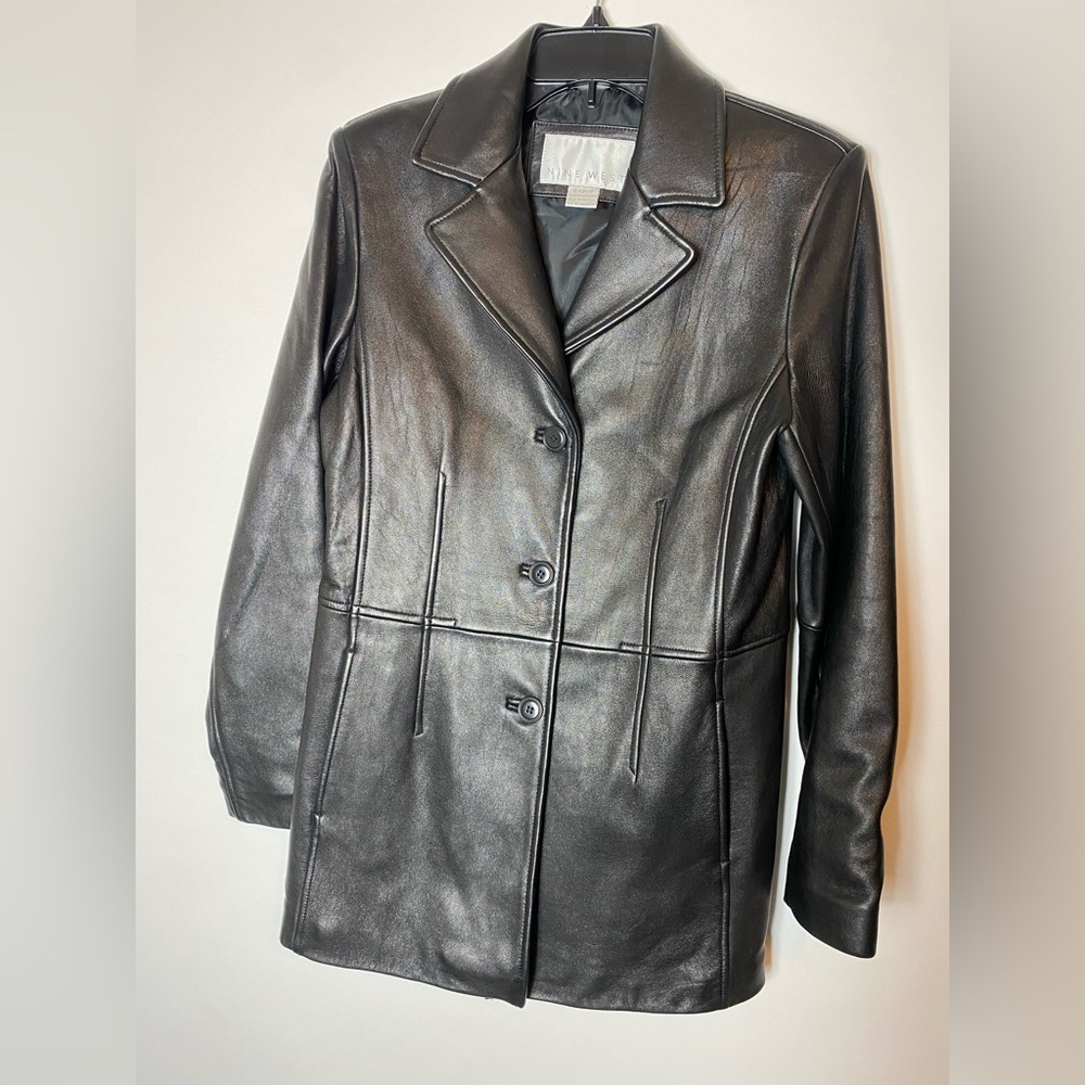 Nine West long black real leather jacket size small.
